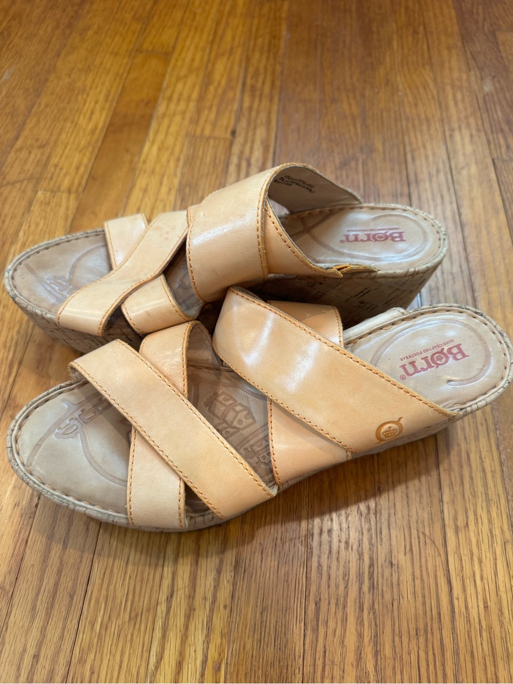 Born Womens Natural Leather Cork Platform Wedge Slide Sandals Size 9